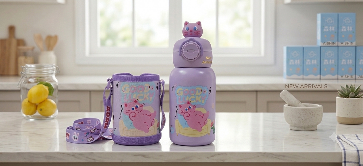 Cute Animal Character Water Bottles with Carrying Pouch and Straps