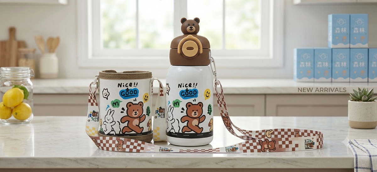 Cute Animal Character Water Bottles with Carrying Pouch and Straps