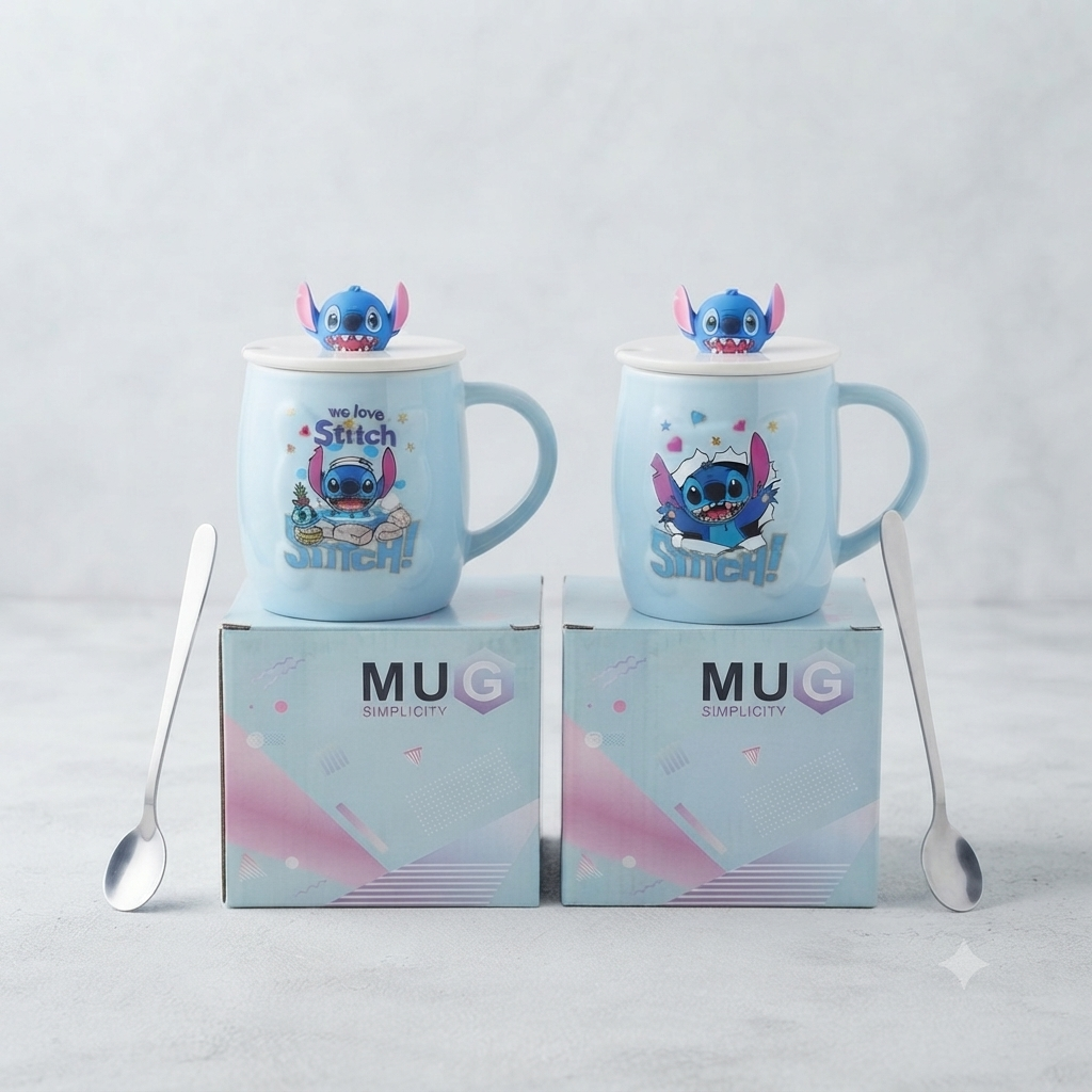 Stitch Ceramic Mug Set with 3D Lid & Matching Spoon (Mug Simplicity)