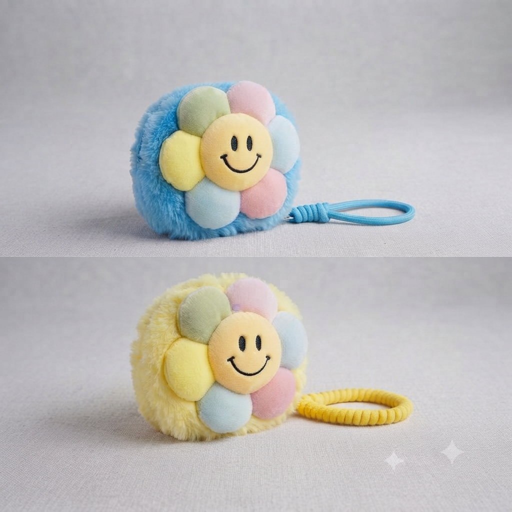 Fluffy Smiley Flower Plush Coin Purse & Bag Charm Keychain