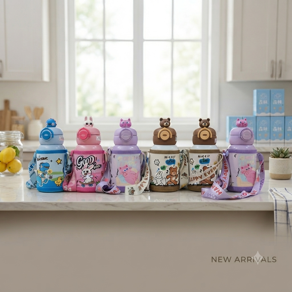 Cute Animal Character Water Bottles with Carrying Pouch and Straps